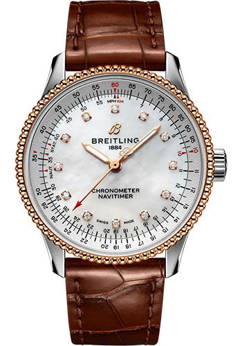Breitling Navitimer Automatic 35 Watch - Steel and 18K Rose Gold - Mother-Of-Pearl Dial - Brown Alligator Leather Strap - Tang Buckle - U17395211A1P1